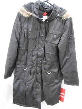 Therapy Women's Black Fleece Lined Long Parka Coat Full Zip Fur Hood Size-Lg